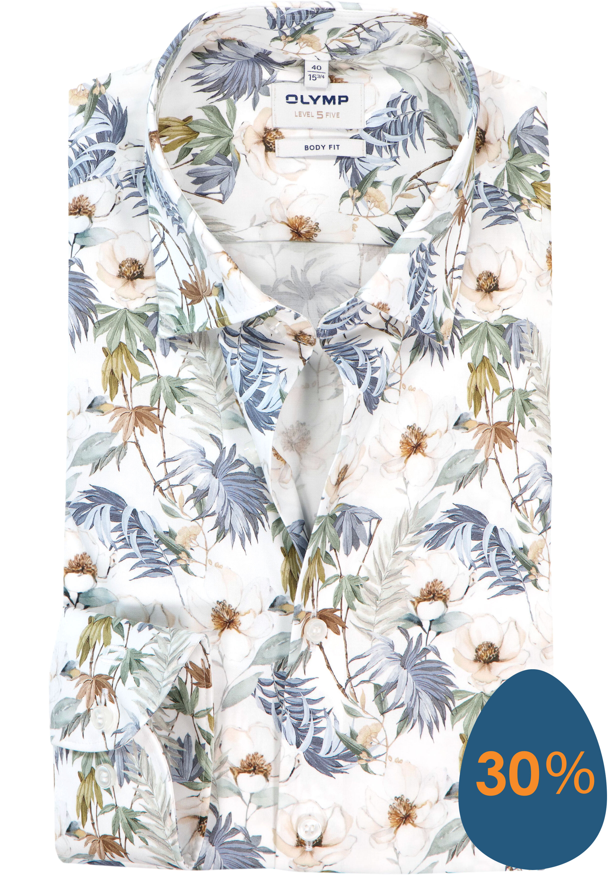 OLYMP Level 5 body fit overhemd, mouwlengte 7, dobby, wit met blauw en bruin bloemen dessin
